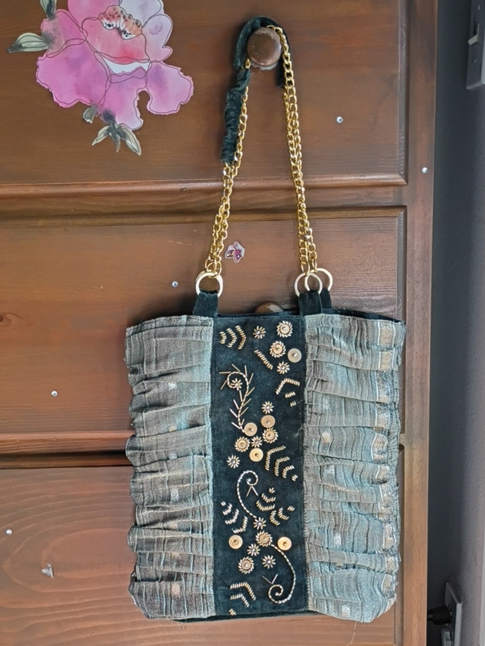 Embroidered Ruffle Shoulder Bag in Teal and Black with Gold Chain